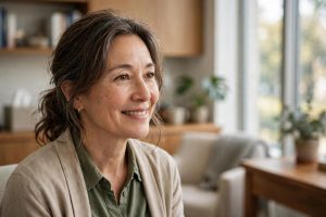 A smiling psychiatrist in her forties sits in a bright, warm clinic office with a plant and soft window light.